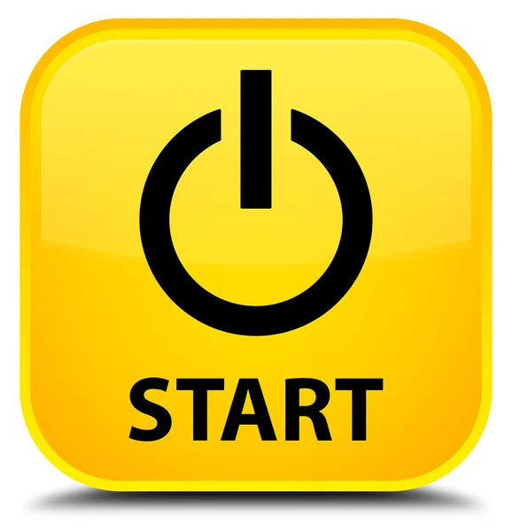 Start (Power-Symbol) gelber quadratischer Knopf — Stockfoto