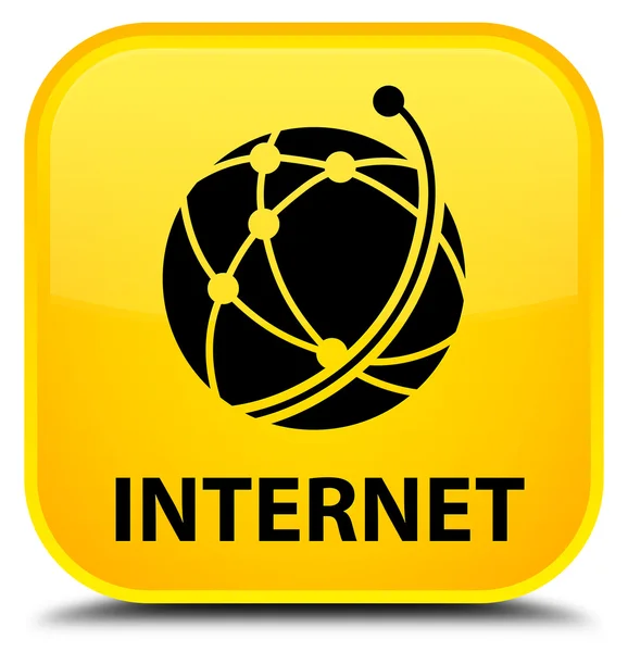Internet (küresel ağ simgesini) sarı kare düğme — Stok fotoğraf