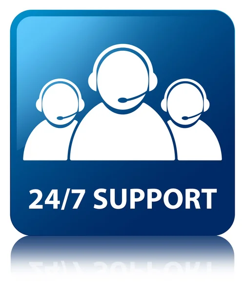 24 by 7 support team glossy blue reflected square button — Stock Photo, Image