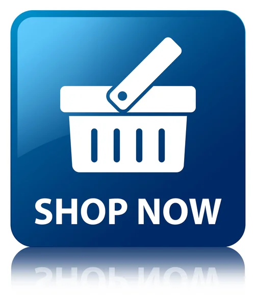 Parlak mavi kare düğme yansıyan şimdi alışveriş