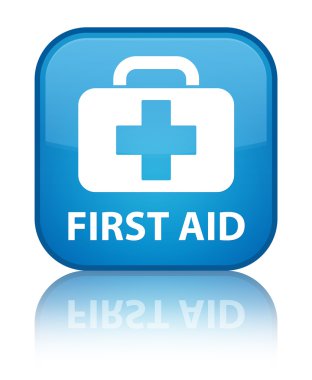 İlk yardım (ilk yardım çantası simgesi) parlak mavi kare düğme yansıyan