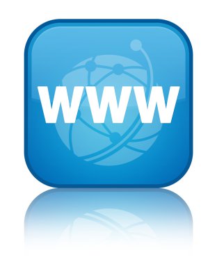 www (küresel ağ simgesini) parlak mavi kare düğme yansıyan