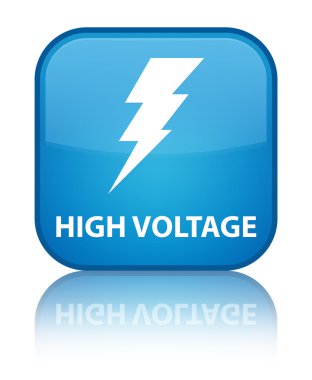 Yüksek gerilim (elektrik simgesi) parlak mavi kare düğme yansıyan