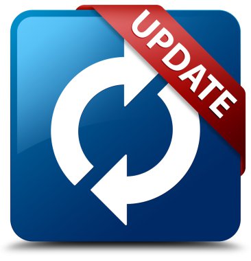 Güncelleme (update simgesi) cam gibi kırmızı şerit üzerinde parlak mavi kare düğme