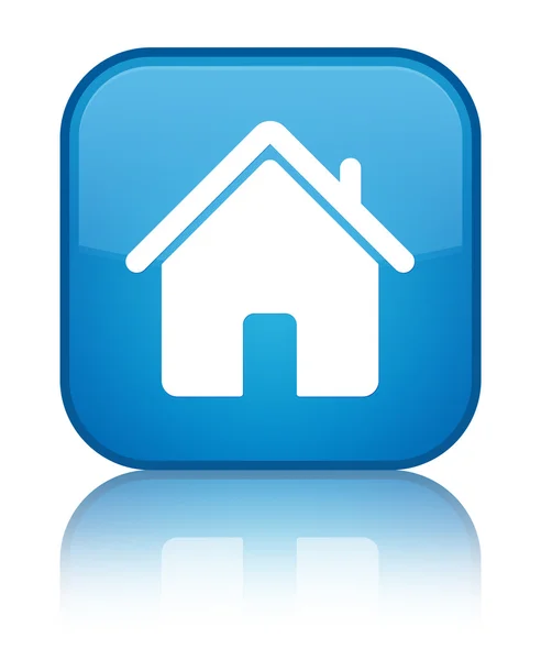 Home-Symbol spiegelt sich auf blauem Hochglanz-Quadrat-Knopf — Stockfoto