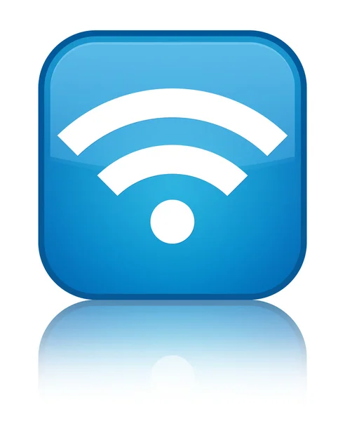 Ikon Wifi mengkilap biru merefleksikan tombol persegi — Stok Foto