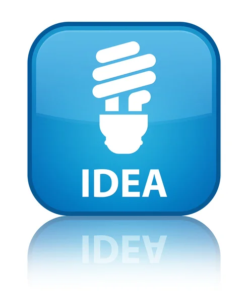 Lesklá modrá idea (ikonu žárovky) odráží čtvercové tlačítko — Stock fotografie