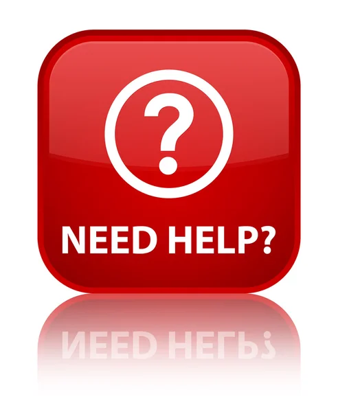 Hulp nodig? (vraag pictogram) glanzend rood weerspiegeld vierkante knop — Stockfoto