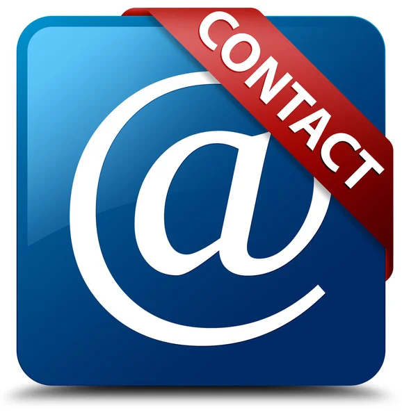 Contact (Email address icon) glassy red ribbon on glossy blue square button — Stock Photo, Image