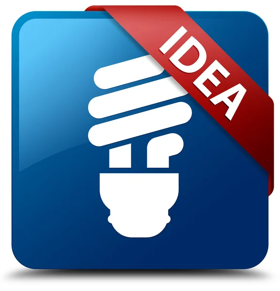 Myšlenka (ikonu žárovky) sklovité červenou stužku na lesklé modré čtvercové tlačítko — Stock fotografie