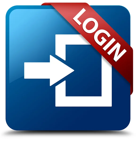 Login (Login pictogram) glazig rood lint op glanzende blauwe vierkante knop — Stockfoto