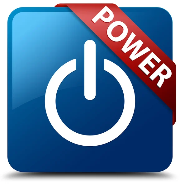 Moc (władza ikona) szklisty czerwoną wstążką na połysk niebieski przycisk kwadratowy — Zdjęcie stockowe