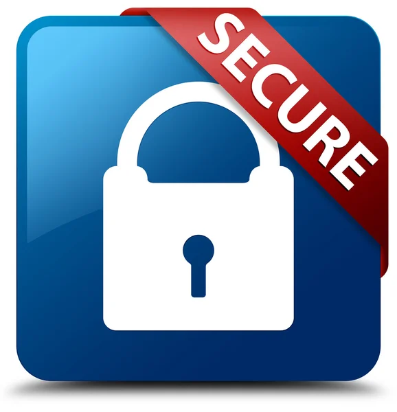 Secure (Padlock icon) glassy red ribbon on glossy blue square button — Stock Photo, Image