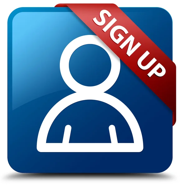 (Üye simgesi) cam gibi kırmızı kurdele parlak mavi kare düğme olarak kaydolmak