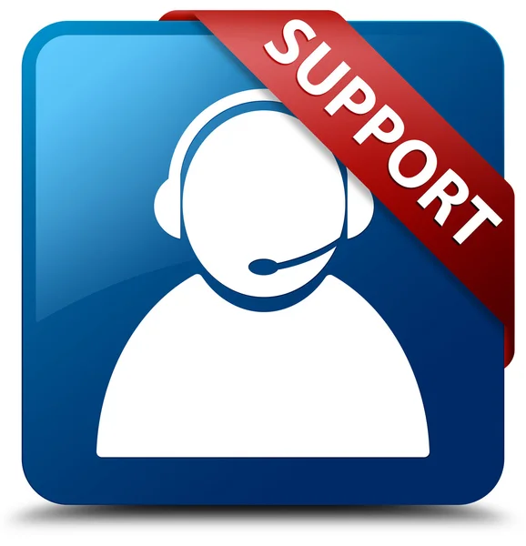 Podpora (zákaznické péče ikonu) sklovité červenou stužku na lesklé modré čtvercové tlačítko — Stock fotografie