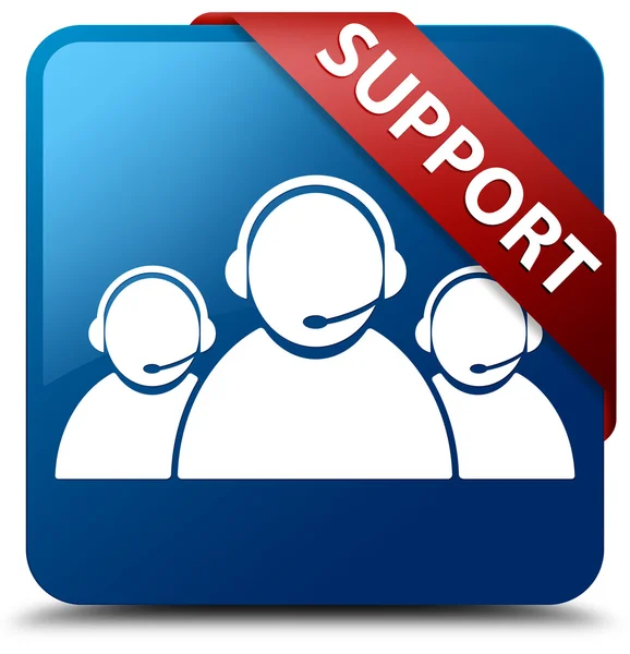 Steun (Customer care team pictogram) glazig rood lint op glanzende blauwe vierkante knop — Stockfoto