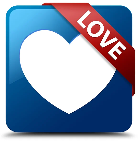 Amor vítreo fita vermelha brilhante botão quadrado azul — Fotografia de Stock