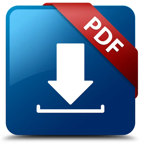PDF Download (Down arrow icon) Glassy red ribbon on glossy blue square button — стоковое фото