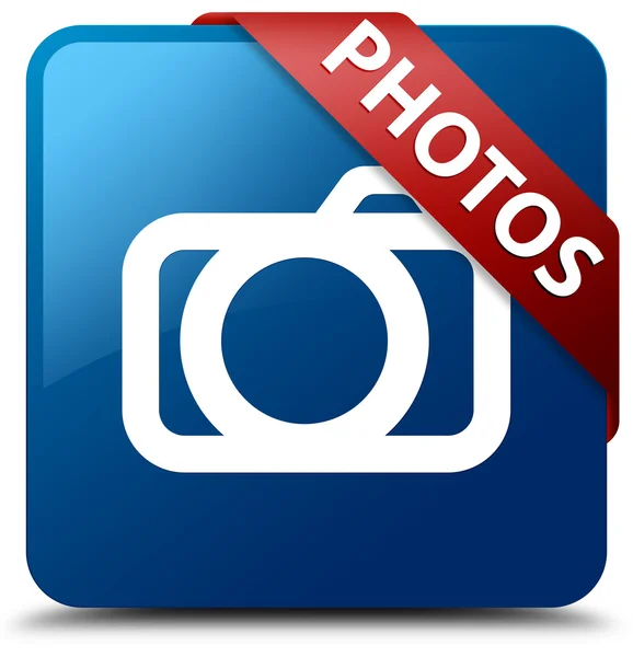 Zdjęcia (ikonę kamery) szklisty czerwoną wstążką lśniący niebieski przycisk kwadratowy — Zdjęcie stockowe
