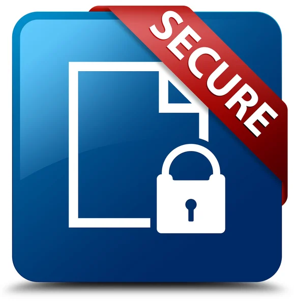 Secure (secure document icon) glassy red ribbon glossy blue square button — Stock Photo, Image