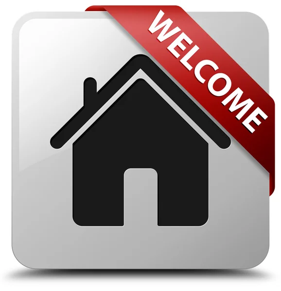 Welcome (Home icon) glossy white square button — Stock Photo, Image