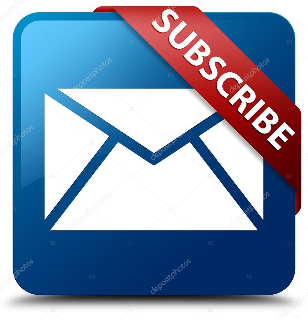 Subscribe (email icon) glassy red ribbon on glossy blue square button