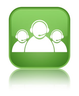 Müşteri desteği takım kutsal kişilerin resmi parlak yeşil yansıyan kare düğme