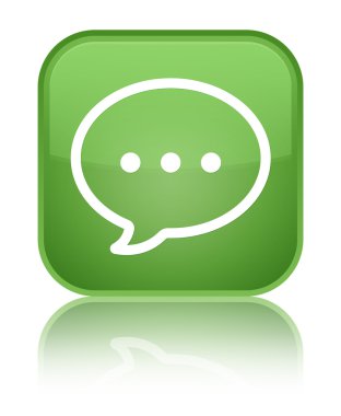 Yorum kabarcık simgesi parlak yeşil kare düğme yansıyan
