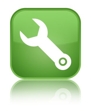 İngiliz anahtarı simgesi parlak yeşil kare düğme yansıyan