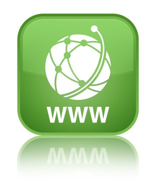 Www (küresel ağ simgesini) parlak yeşil kare düğme yansıyan