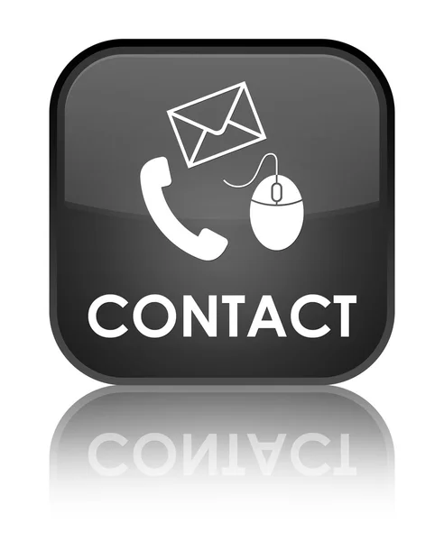 Contacto (correo electrónico, ratón, icono del teléfono) negro brillante reflejado cuadrado —  Fotos de Stock