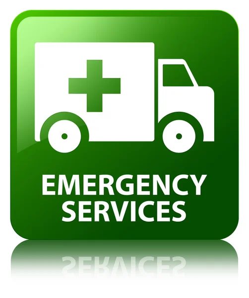 Emergency services glossy green reflected square button — Stock Photo, Image