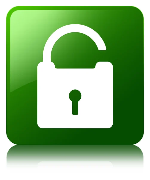 Unlock padlock icon glossy green reflected square button — Stock Photo, Image