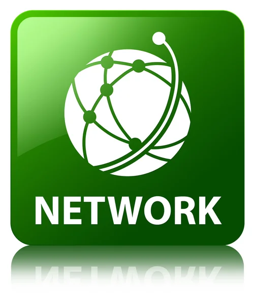 Rede (ícone de rede global) verde brilhante refletido bunda quadrada — Fotografia de Stock