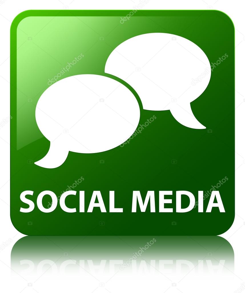 Social media (talk bubble icon) glossy green reflected square bu