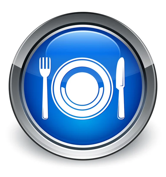 Piastra con forchetta e icona coltello pulsante blu lucido — Foto Stock