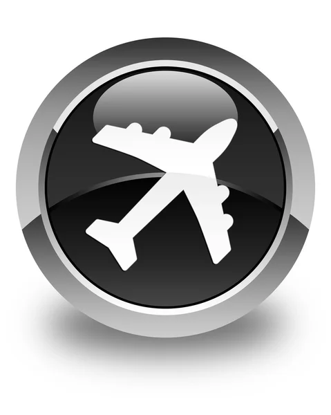 飛行機アイコン光沢のある黒い丸いボタン — ストック写真