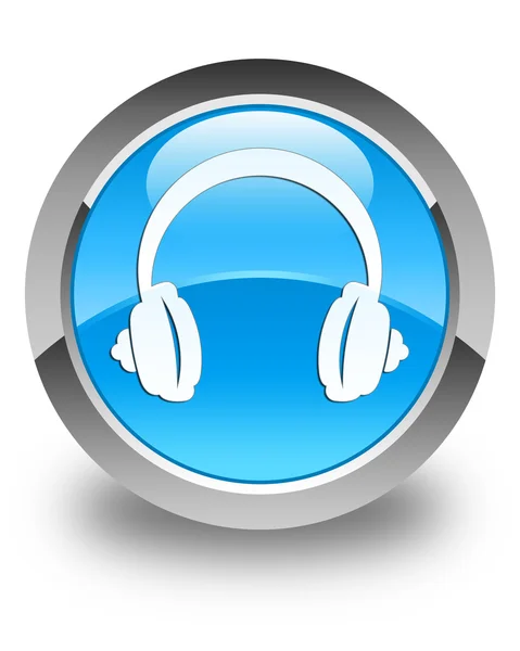 Fejhallgató ikon fényes cián kék kerek gomb — Stock Fotó