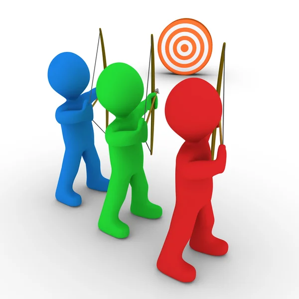 Different archers aiming and a target — Stock Photo, Image