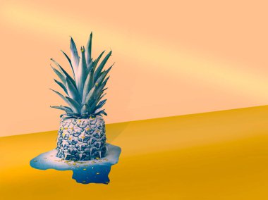 Kar ve tatil yıldızlarıyla kaplı komik stil sahibi yarı eritilmiş ananas pembe-altın köşeli arka planda mavi su birikintisinin üzerinde duruyor. Noel arifesinde, Noel arifesinde şenlikli bir akşam yemeği için bekleme kavramı..