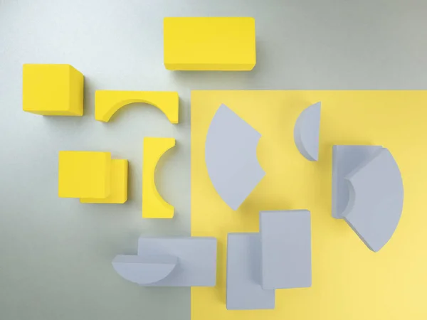 Close Abstract Gray Yellow Wooden Geometric Figures Rectangles Square Segments — 스톡 사진