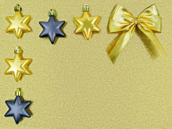 Close Festive Christmas Tree Toys Gold Gray Stars Golden Bow — стоковое фото