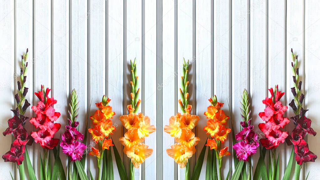Close up horizontal banner of multicolored varieties of Gladiolus on background of wooden boards painted in gray-white color,mirrored,bright sunny day,natural lighting.Rustic decor style,copy space.