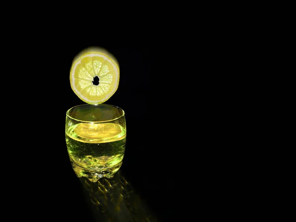 Lemon circle falling into clear glass with alcoholic,non-alcoholic drink,lemon juice.Quenching thirst concept,healthy sour drinking,mixing cocktail.Backlight,black background,copy space,glare of light