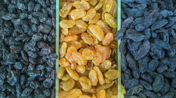Close up three varieties of raisins piled up for fruit and vegetable shop window. Different types of dry grapes, light small, dark, blue large raisins. Selective focus, horizontal banner