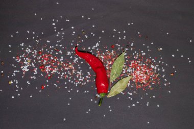 Deniz tuzu ve koyu yapraklı kırmızı biber ve siyah üzerine renkli biber..