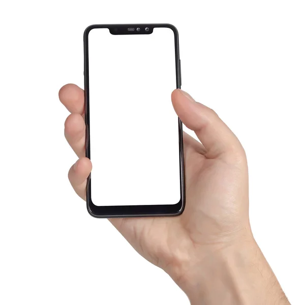 Pekskärm Smartphone Hand Isolera Vit Bakgrund — Stockfoto