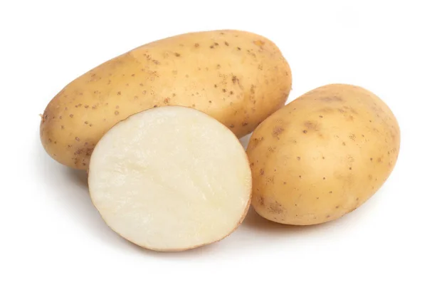 Isolierte Kartoffeln Ganze Kartoffeln Und Geschnitten Isoliert Auf Weißem Hintergrund — Stockfoto