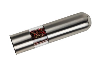 Beyaz arkaplanda biber gümüşü öğütücü.