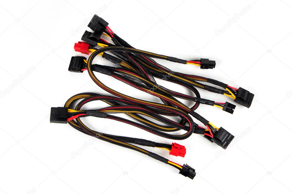 Computer power supply cables isolated on a white background.